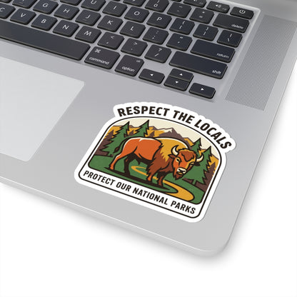 Respect the Locals buffalo sticker featuring a protect our national parks design, ideal for hiking and camping gear.