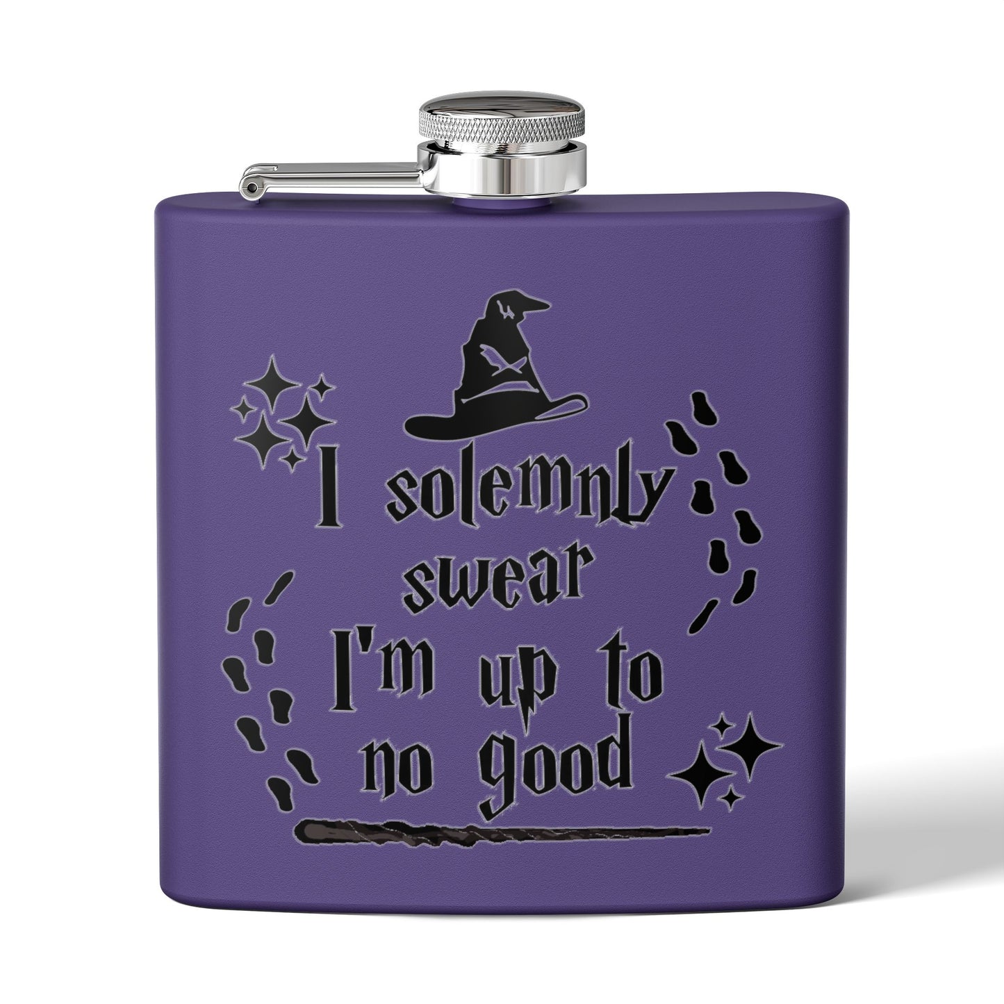 Stainless steel 6oz mug with "I Solemnly Swear I Am Up To No Good" printed in black, perfect for Harry Potter fans.