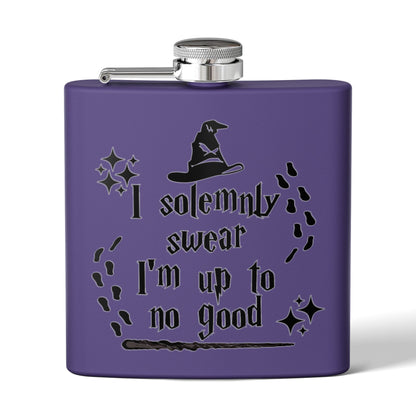 Stainless steel 6oz mug with "I Solemnly Swear I Am Up To No Good" printed in black, perfect for Harry Potter fans.