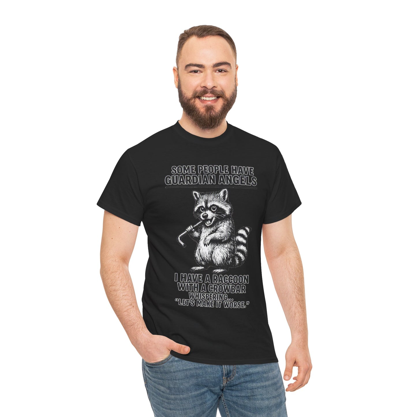 Raccoon with crowbar graphic T-shirt by Printify featuring "Some People Have Guardian Angels" design, casual and humorous style.