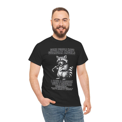 Raccoon with crowbar graphic T-shirt by Printify featuring "Some People Have Guardian Angels" design, casual and humorous style.