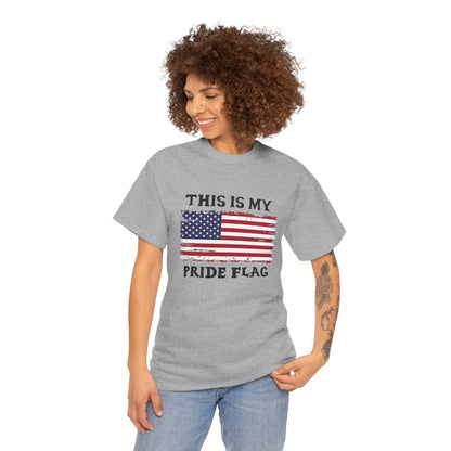 Unisex patriotic T-shirt with distressed American flag design and "This Is My Pride Flag" slogan by Printify.