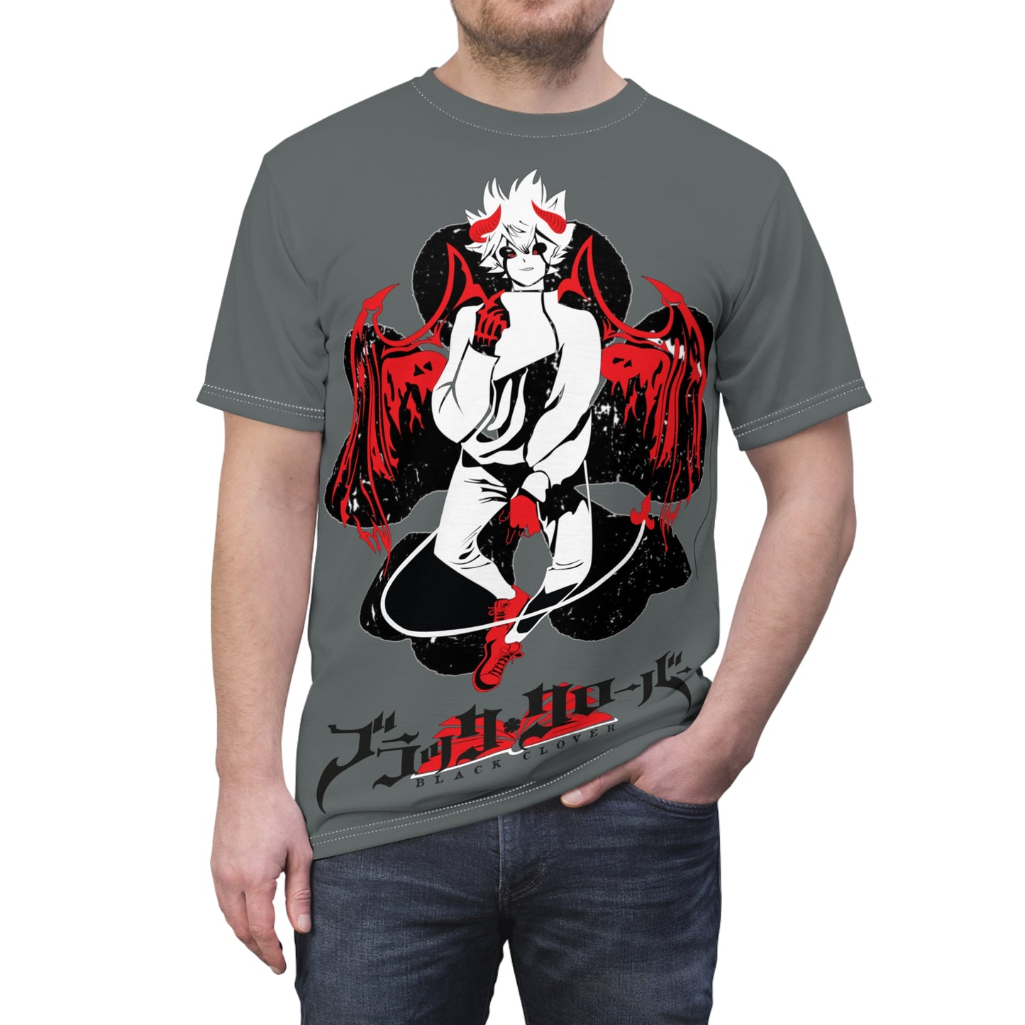 Black Clover anime unisex T-shirt featuring Asta demon print, all-over manga-themed design in black and white, Japanese manga style.