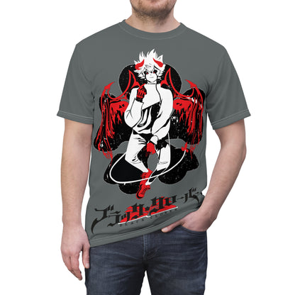 Black Clover anime unisex T-shirt featuring Asta demon print, all-over manga-themed design in black and white, Japanese manga style.