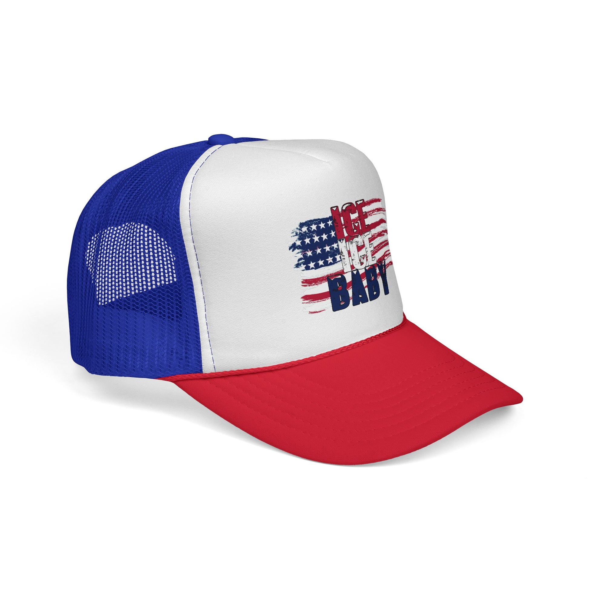 Patriotic Hat, Unisex Trucker Cap, Ice Ice Baby American Flag, America First, Red White and Blue, USA - Secondhand Readers