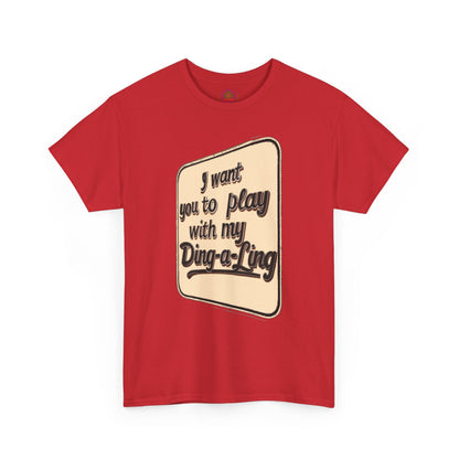 Retro graphic T-shirt by Printify featuring Chuck Berry's "I Want You to Play with My Ding-a-Ling" humorous novelty design.