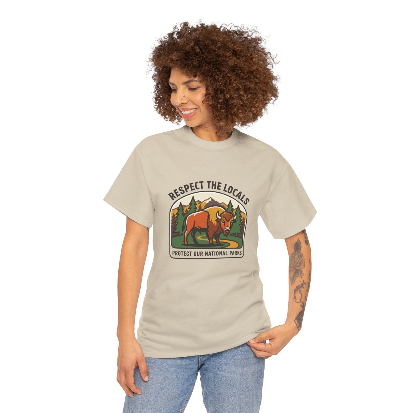 Respect the Locals Bison Patch T-Shirt featuring a bison graphic, ideal for hiking and camping enthusiasts, by Printify.