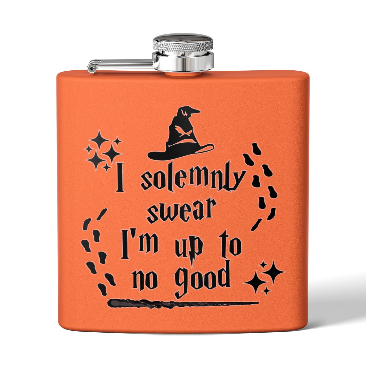 Stainless steel 6oz mug with "I Solemnly Swear I Am Up To No Good" print, designed by Printify, featuring a Harry Potter theme.