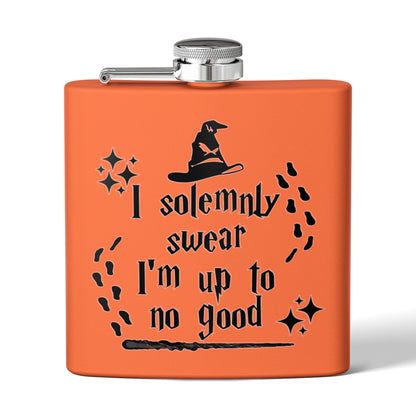 Stainless steel 6oz mug with "I Solemnly Swear I Am Up To No Good" print, designed by Printify, featuring a Harry Potter theme.