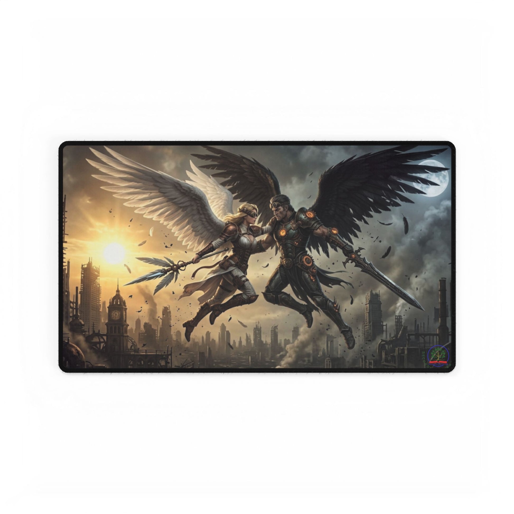 Clash of Angels cyberpunk-themed playmat from Printify, featuring vibrant artwork, oversized gaming desk mat for MTG TCG and PC gaming.