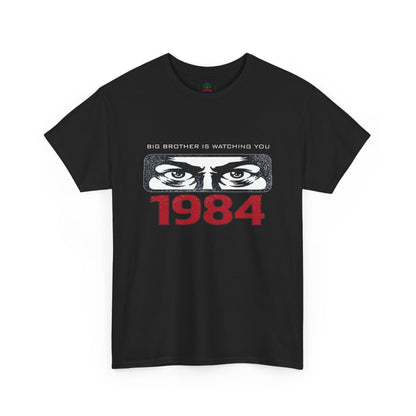 Black Big Brother Is Watching You T-shirt featuring George Orwell's 1984 dystopian design, ideal for political protest attire.