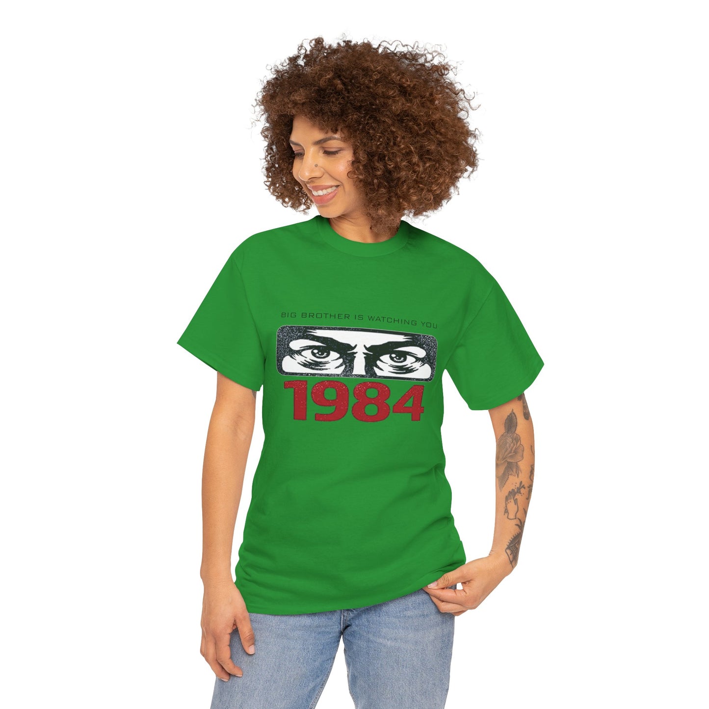 Black Big Brother Is Watching You 1984 T-shirt featuring George Orwell dystopian design, ideal for political protest attire.