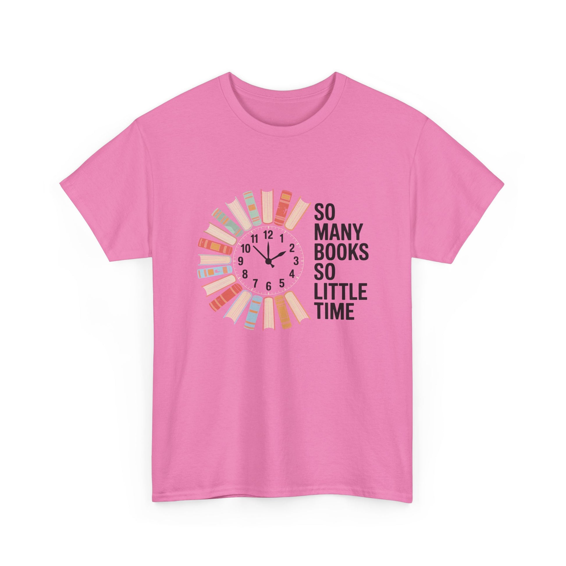 Black T-shirt with a reading clock design and "So Many Books So Little Time" text, perfect for book lovers and reading enthusiasts.