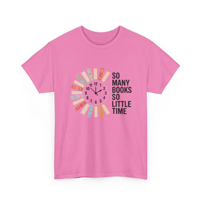 Black T-shirt with a reading clock design and "So Many Books So Little Time" text, perfect for book lovers and reading enthusiasts.