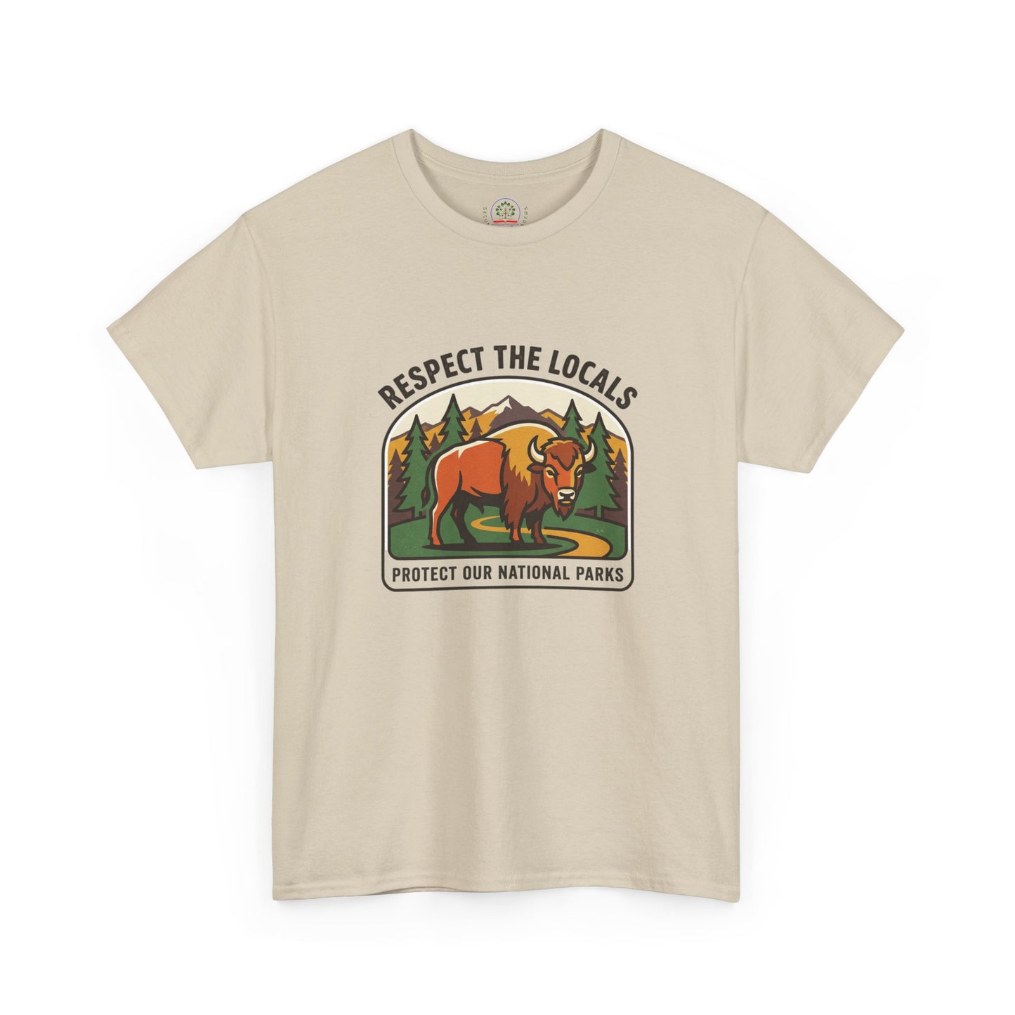 Respect the Locals Bison Patch T-Shirt featuring a bison graphic and nature-inspired design, ideal for hiking and camping enthusiasts.