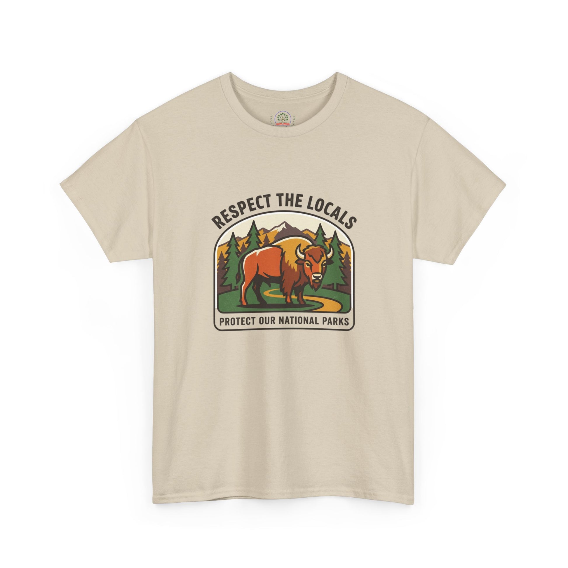 Respect the Locals Bison Patch T-Shirt featuring a bison graphic and nature-inspired design, ideal for hiking and camping enthusiasts.
