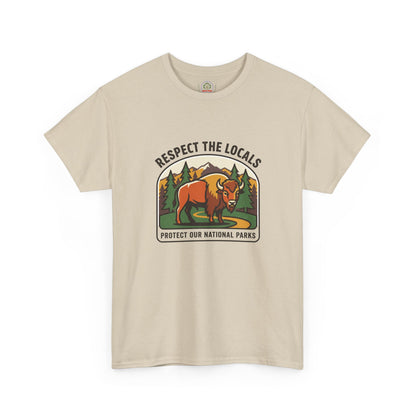 Respect the Locals Bison Patch T-Shirt featuring a bison graphic and nature-inspired design, ideal for hiking and camping enthusiasts.