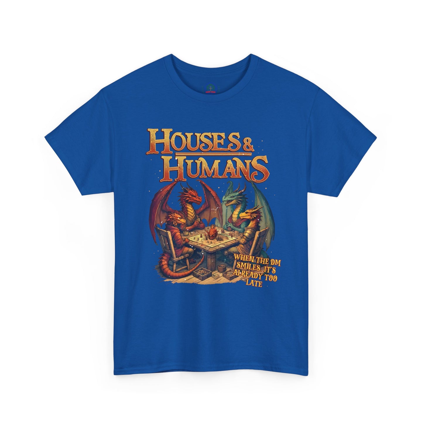 Gray T-shirt featuring Houses and Humans Role-Playing Tee graphic, perfect for RPG and TCG gaming enthusiasts.