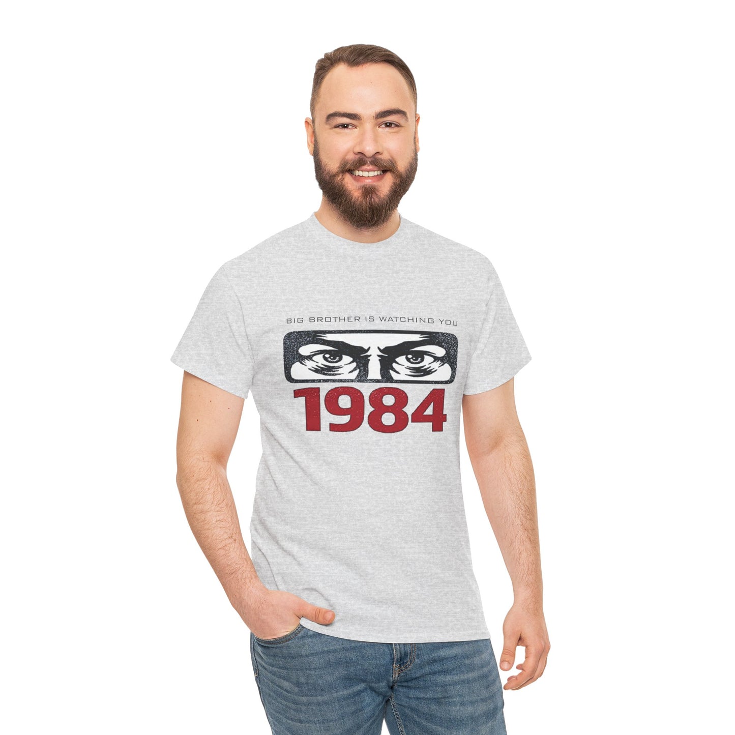 Gray "Big Brother Is Watching You" George Orwell 1984 T-Shirt with dystopian slogan, political protest design, Printify brand.