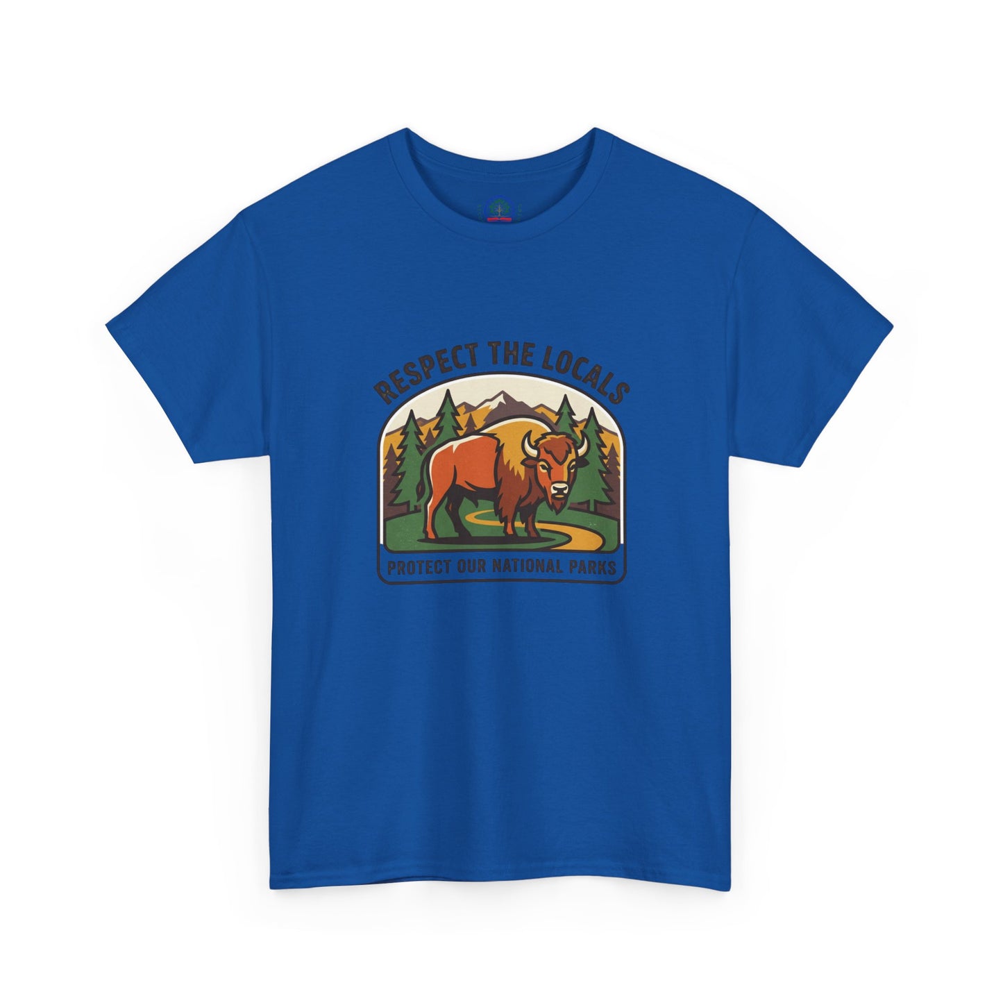 Respect the Locals Bison Patch T-Shirt showcasing a bison patch design, perfect for hiking and camping enthusiasts.