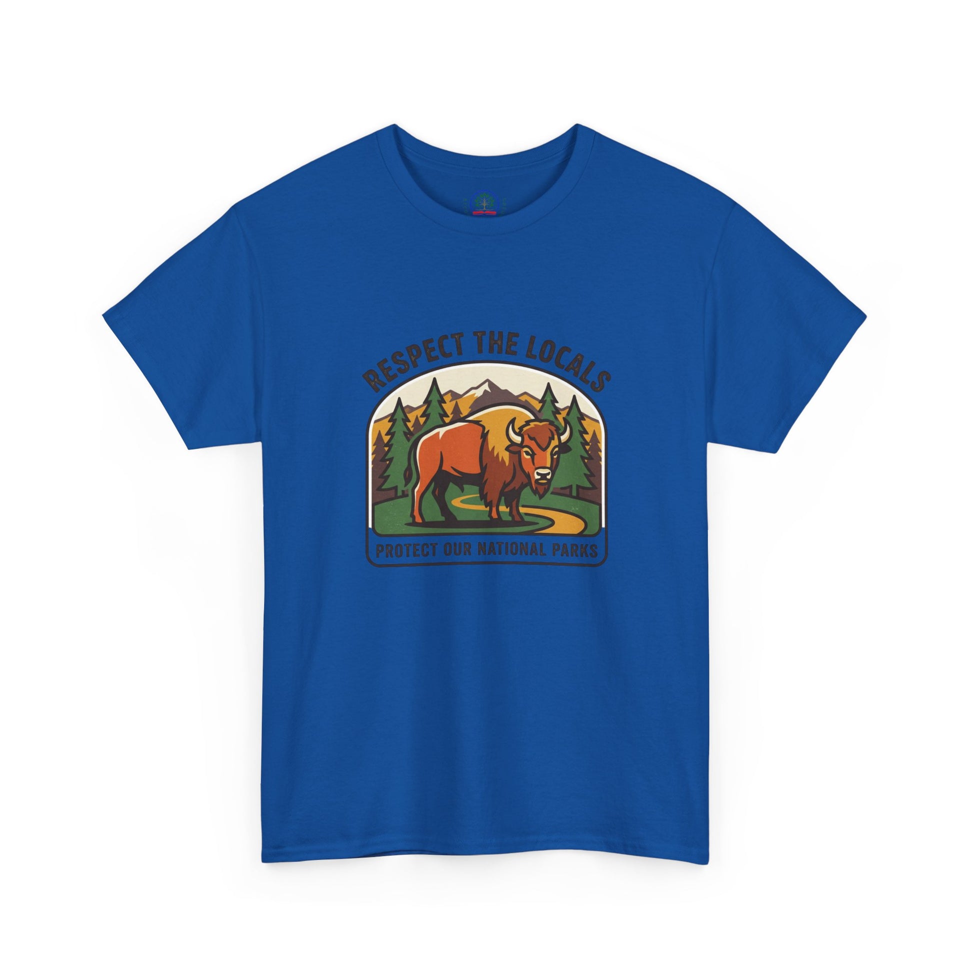 Respect the Locals Bison Patch T-Shirt showcasing a bison patch design, perfect for hiking and camping enthusiasts.