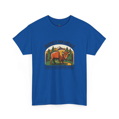 Respect the Locals Bison Patch T-Shirt showcasing a bison patch design, perfect for hiking and camping enthusiasts.
