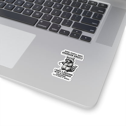 Raccoon with crowbar sticker featuring "Some People Have Guardian Angels" sarcastic decal on paper product from Printify.