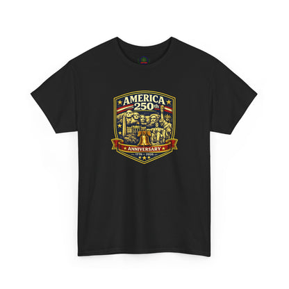 America 250th Anniversary patriotic T-shirt by Printify featuring a badge design celebrating USA independence.