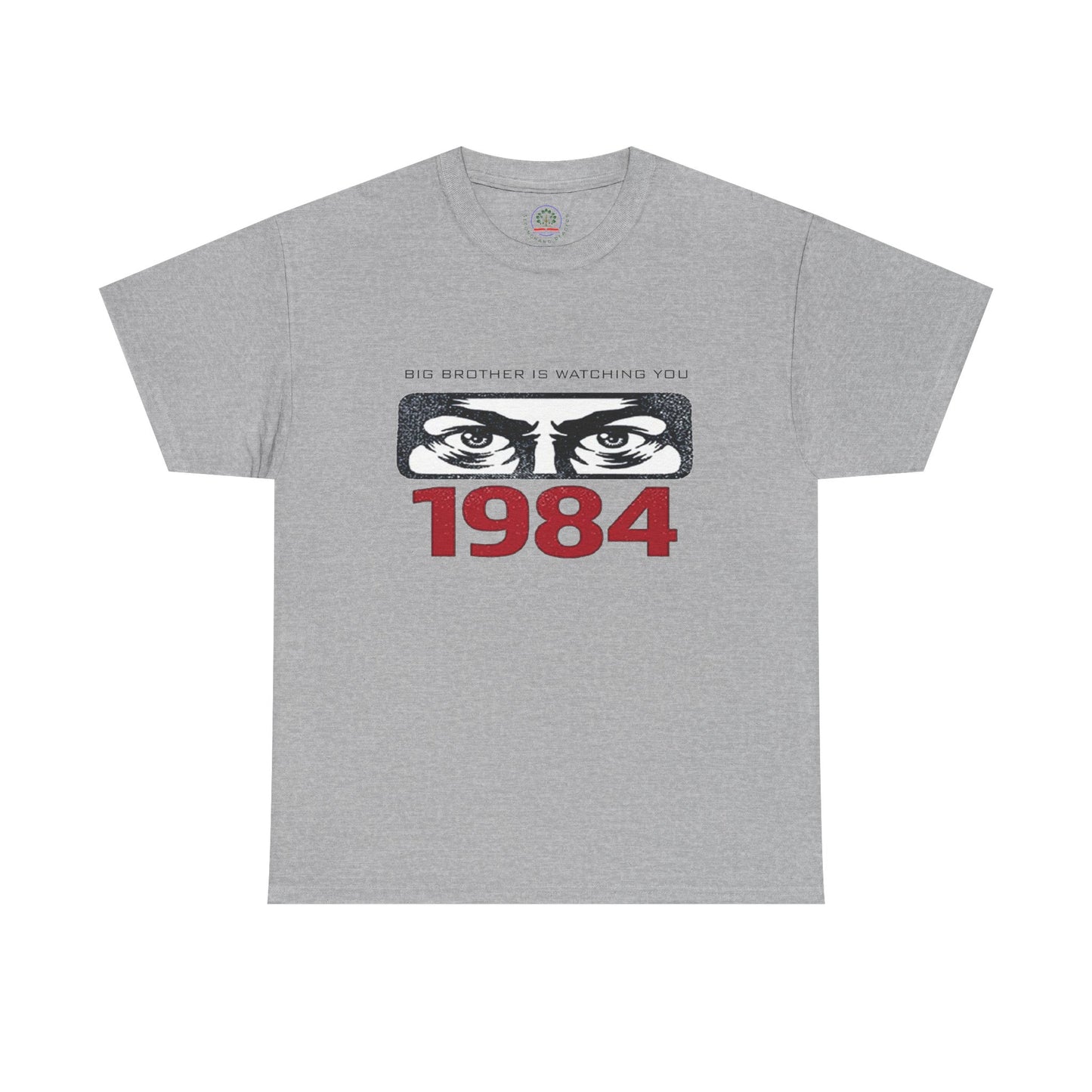 Gray Big Brother Is Watching You 1984 T-Shirt by Printify featuring George Orwell dystopian and political protest design.