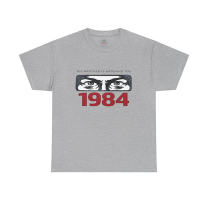 Gray Big Brother Is Watching You 1984 T-Shirt by Printify featuring George Orwell dystopian and political protest design.