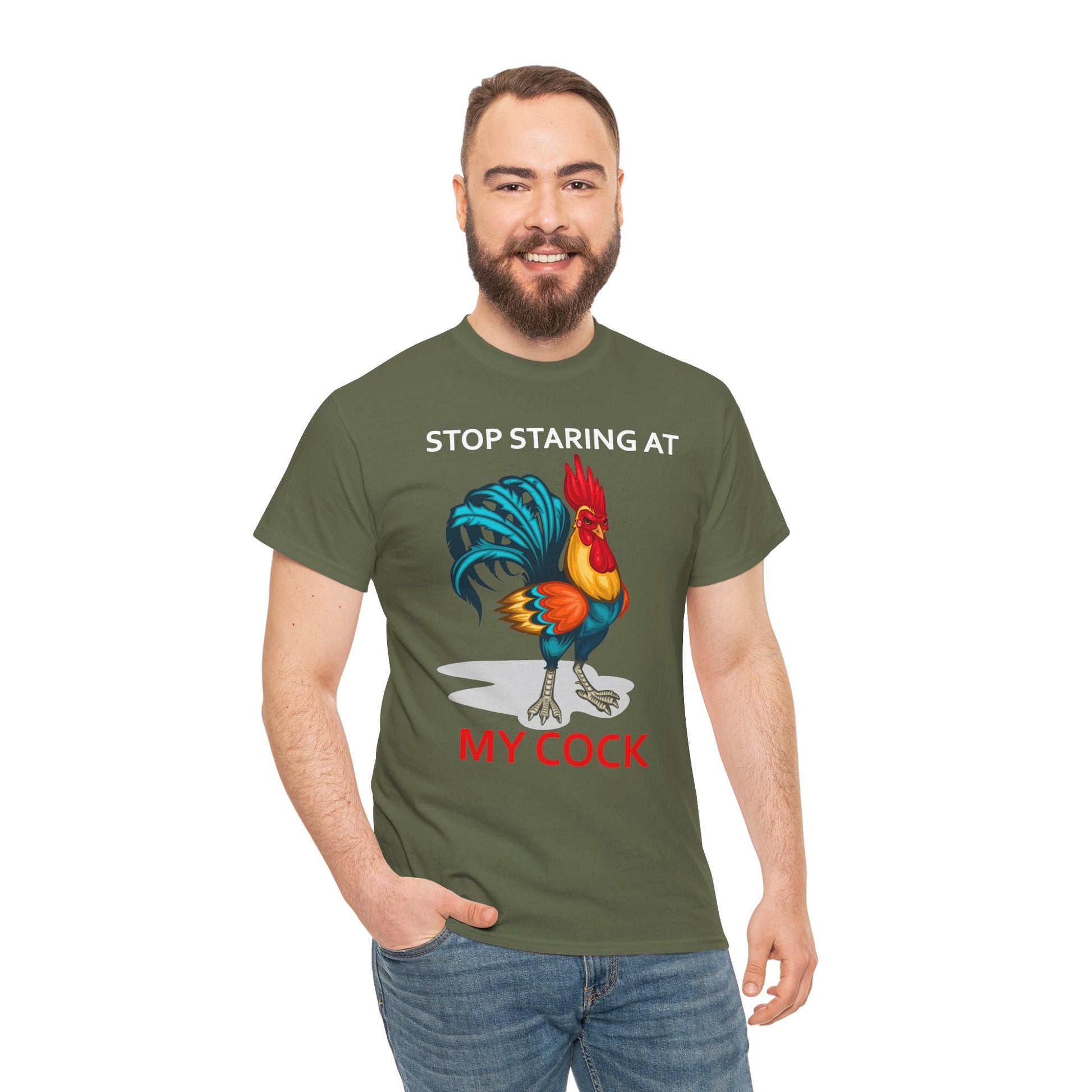 Unisex chicken lover T-shirt with humorous "Stop Staring at My Cock" print, farm animal design by Printify.