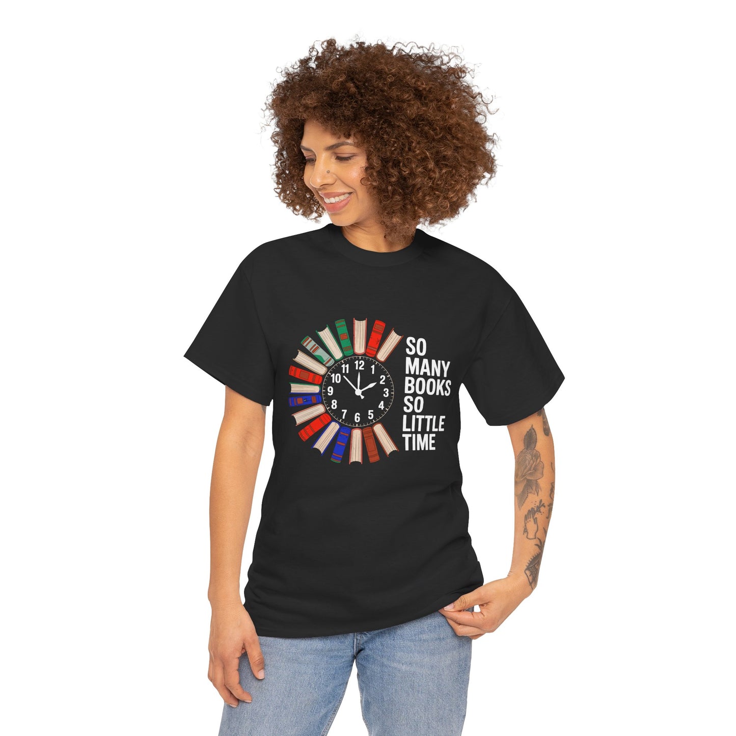 Printify T-shirt featuring a reading clock design for book lovers, with the phrase "So Many Books So Little Time."