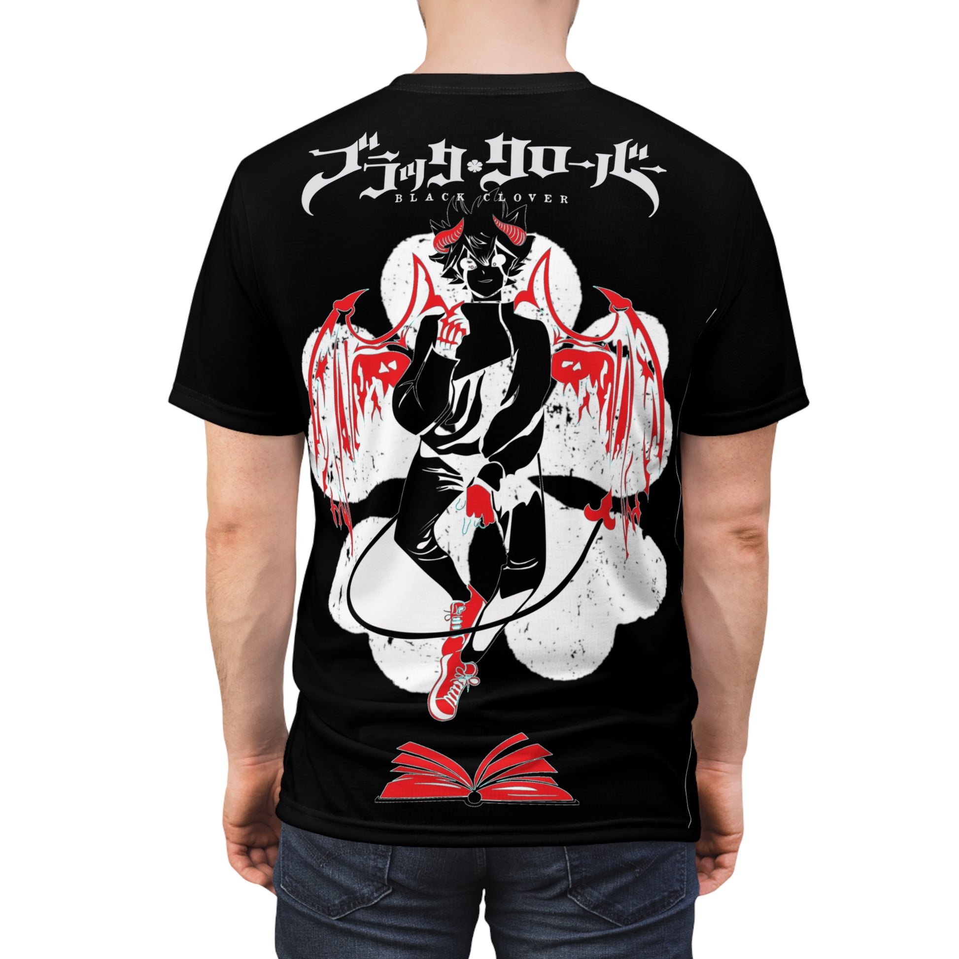 Black Clover Asta demon print unisex anime tee with all-over manga-inspired design, Japanese style, on a black cotton shirt.