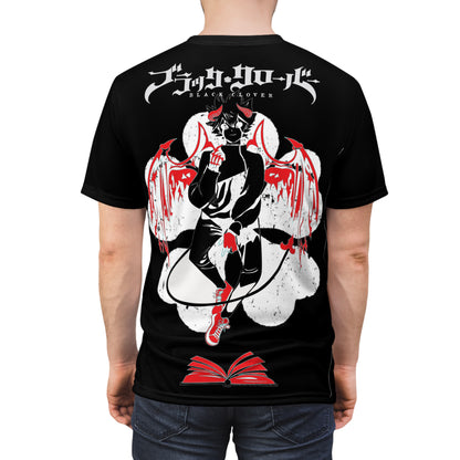 Black Clover Asta demon print unisex anime tee with all-over manga-inspired design, Japanese style, on a black cotton shirt.