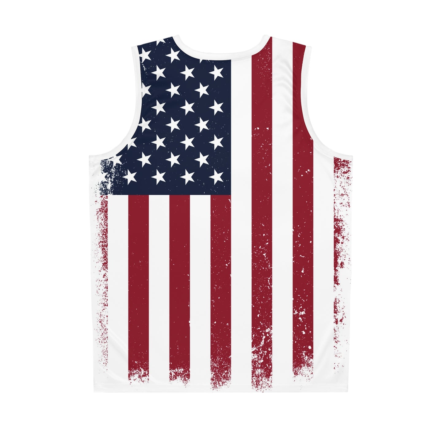 American flag basketball jersey tank top with USA all-over print, featuring bold red, white, and blue flag design by Printify.