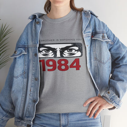 Black George Orwell Big Brother Is Watching You 1984 T-Shirt with dystopian design, made by Printify, perfect for political protest.