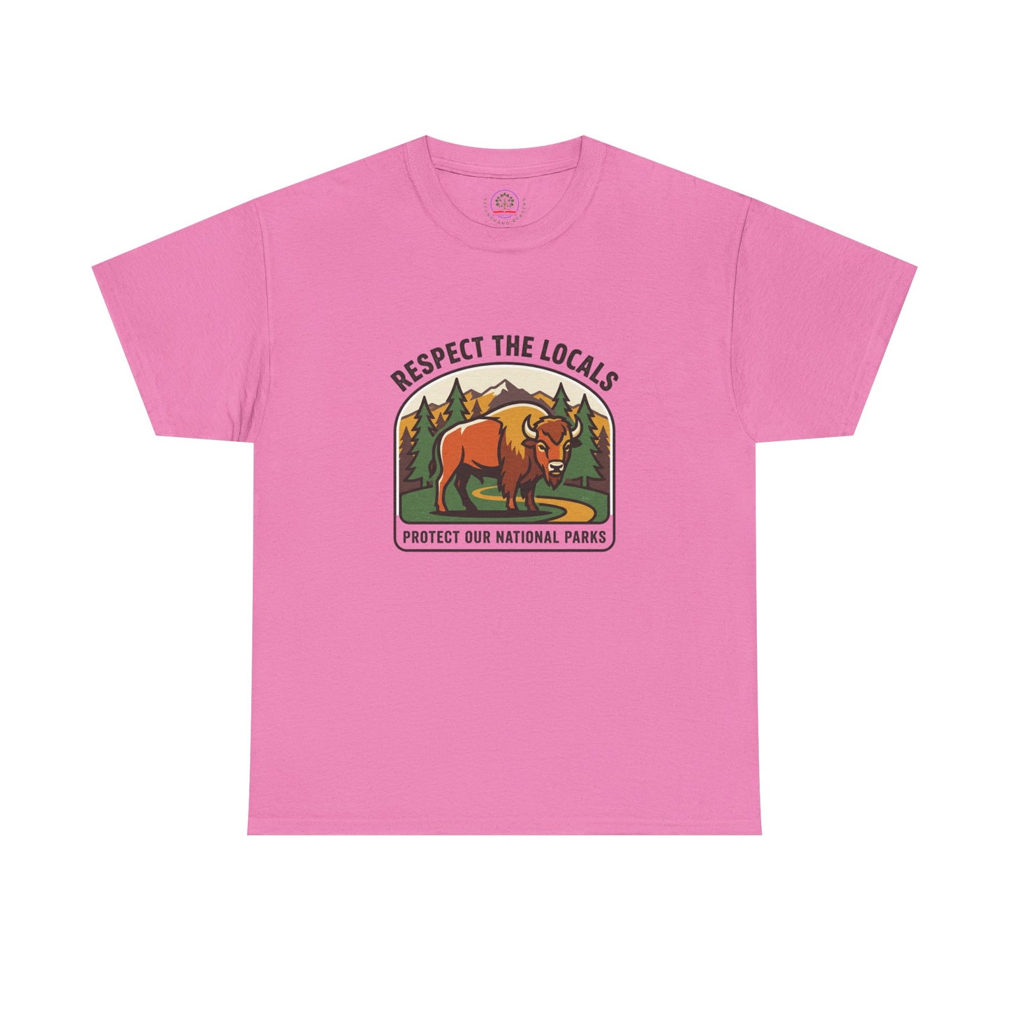 Respect the Locals Bison Patch T-Shirt featuring a bison graphic, ideal for hiking, camping, and outdoor national park adventures.