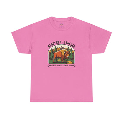 Respect the Locals Bison Patch T-Shirt featuring a bison graphic, ideal for hiking, camping, and outdoor national park adventures.