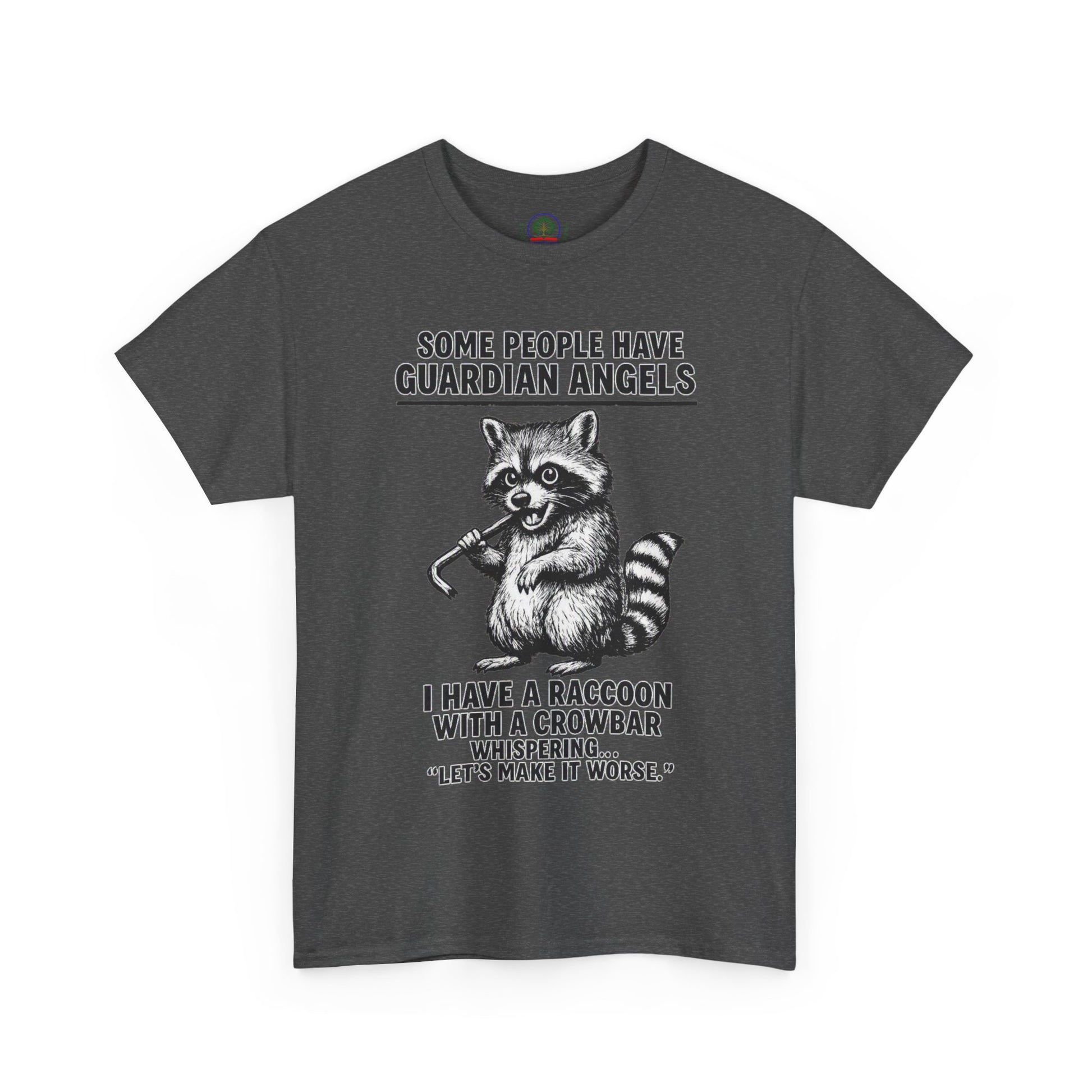 Raccoon with crowbar graphic T-shirt by Printify featuring the phrase "Some People Have Guardian Angels" on a casual cotton tee.