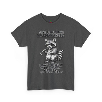 Raccoon with crowbar graphic T-shirt by Printify featuring the phrase "Some People Have Guardian Angels" on a casual cotton tee.