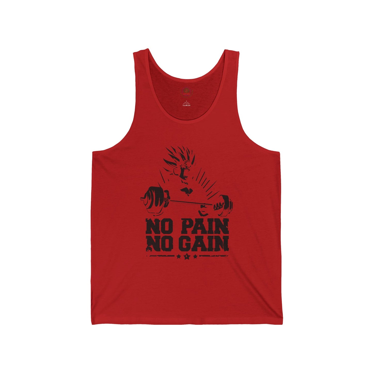 No Pain No Gain Super Saiyan gym tank top featuring anime-inspired muscular design for workout and fitness.