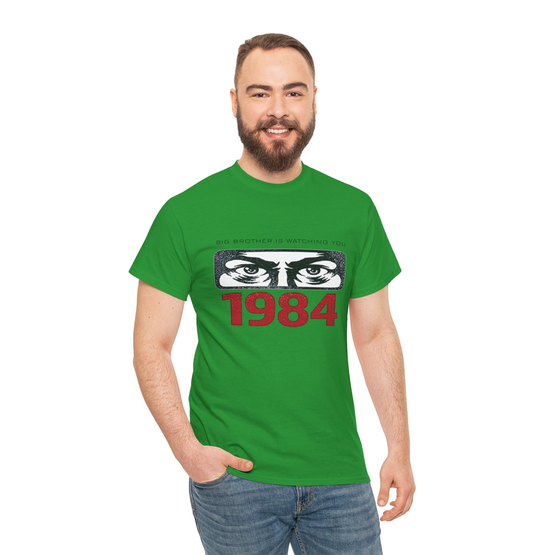 Gray Big Brother Is Watching You 1984 T-Shirt by Printify featuring George Orwell dystopian design and political protest imagery.