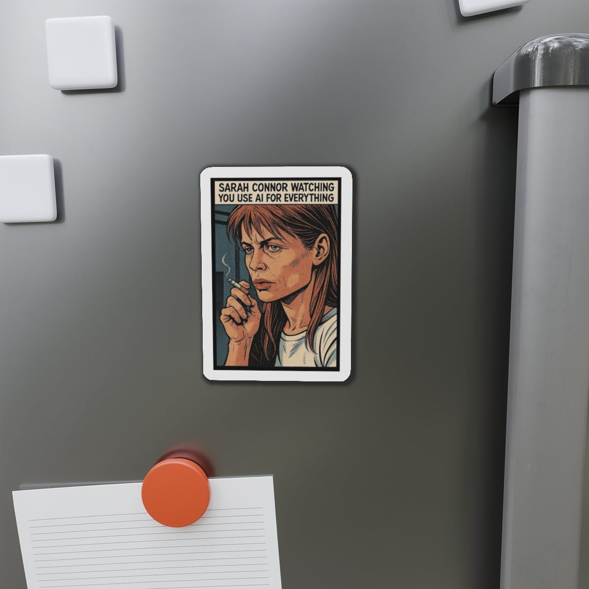 Sarah Connor AI die-cut magnet featuring cyberpunk retro design, perfect for home decor or fridge decoration.