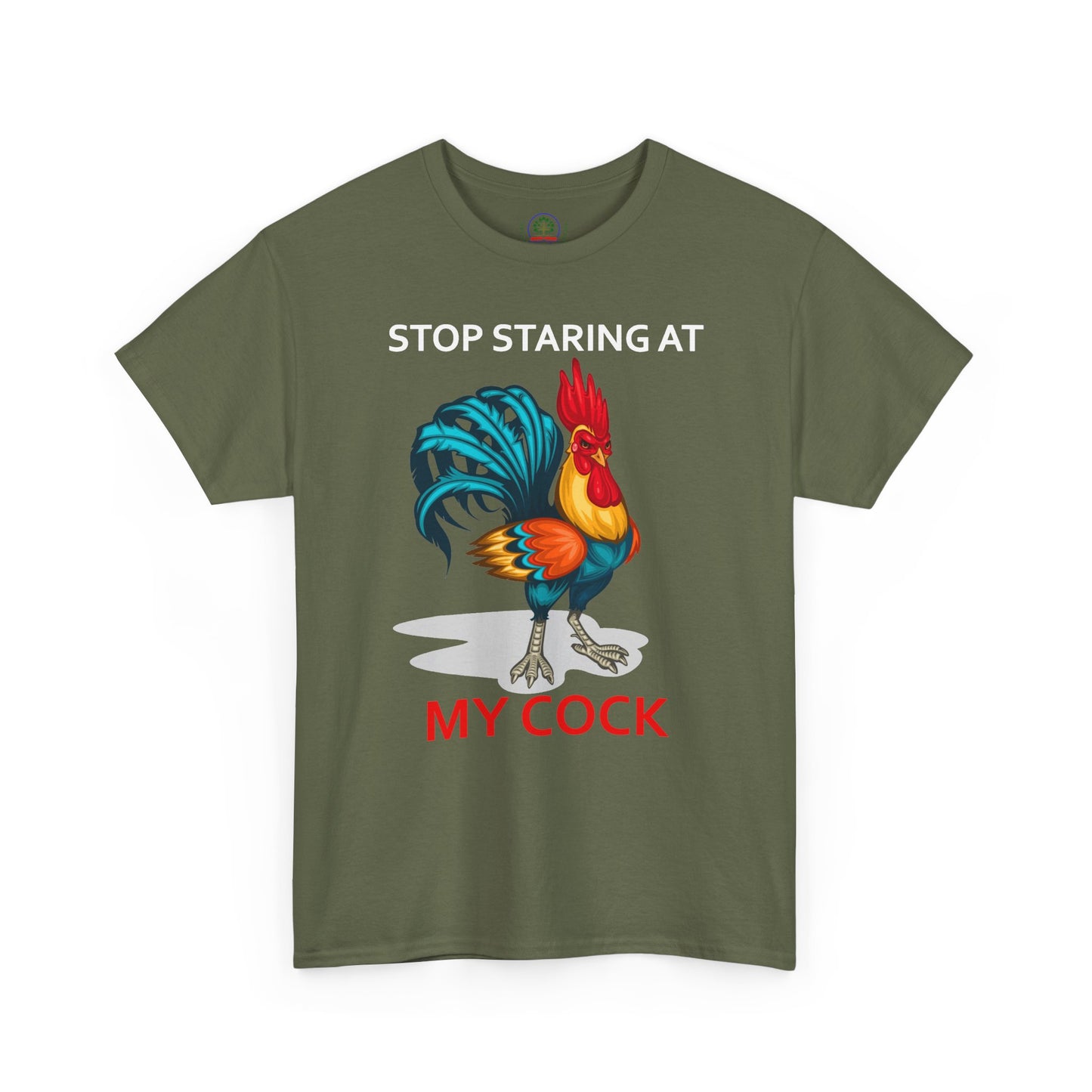 Unisex chicken lovers T-shirt featuring humorous "Stop Staring at My Cock" print with farm animal graphic by Printify.