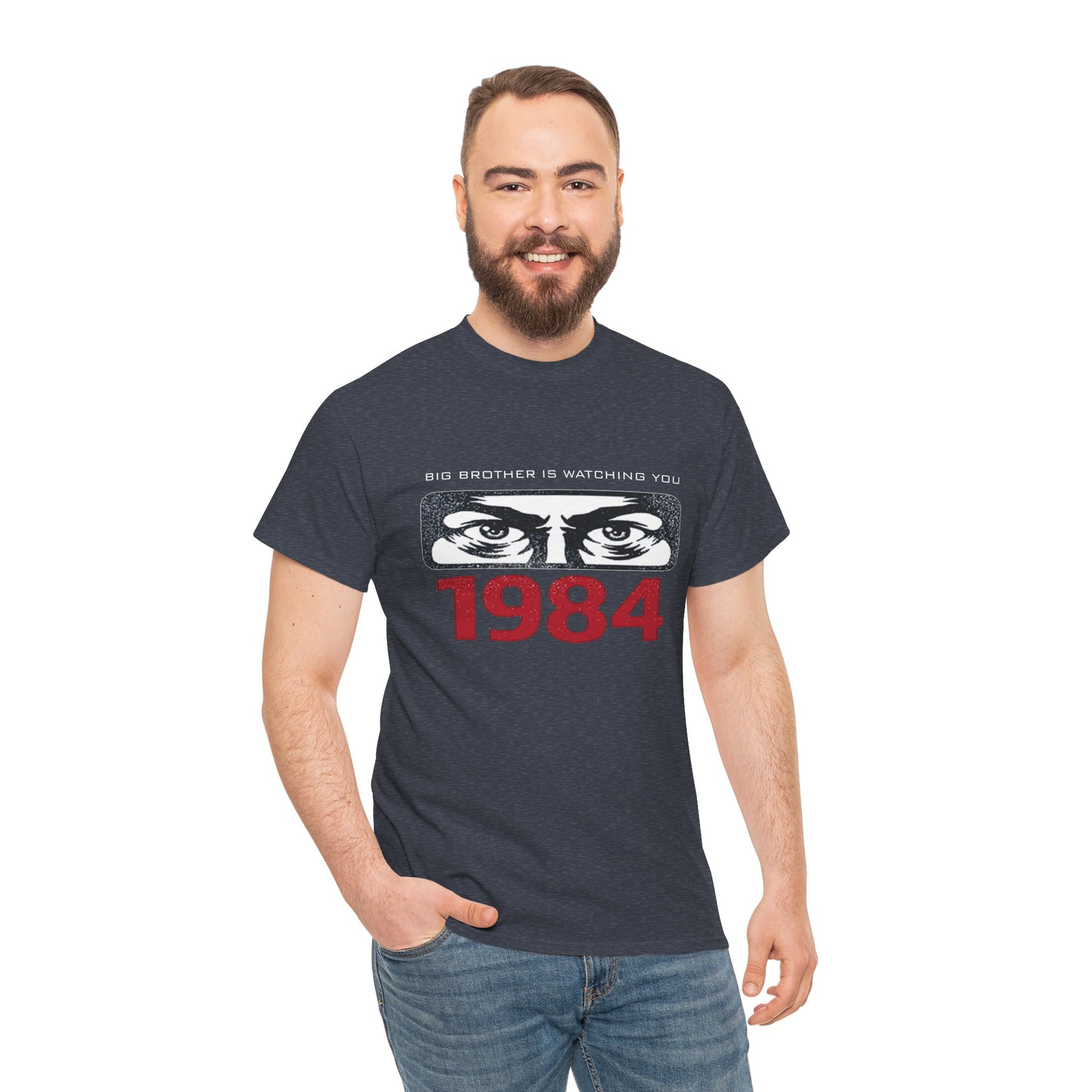 Black Big Brother Is Watching You 1984 T-Shirt by Printify featuring George Orwell dystopian and political protest design.