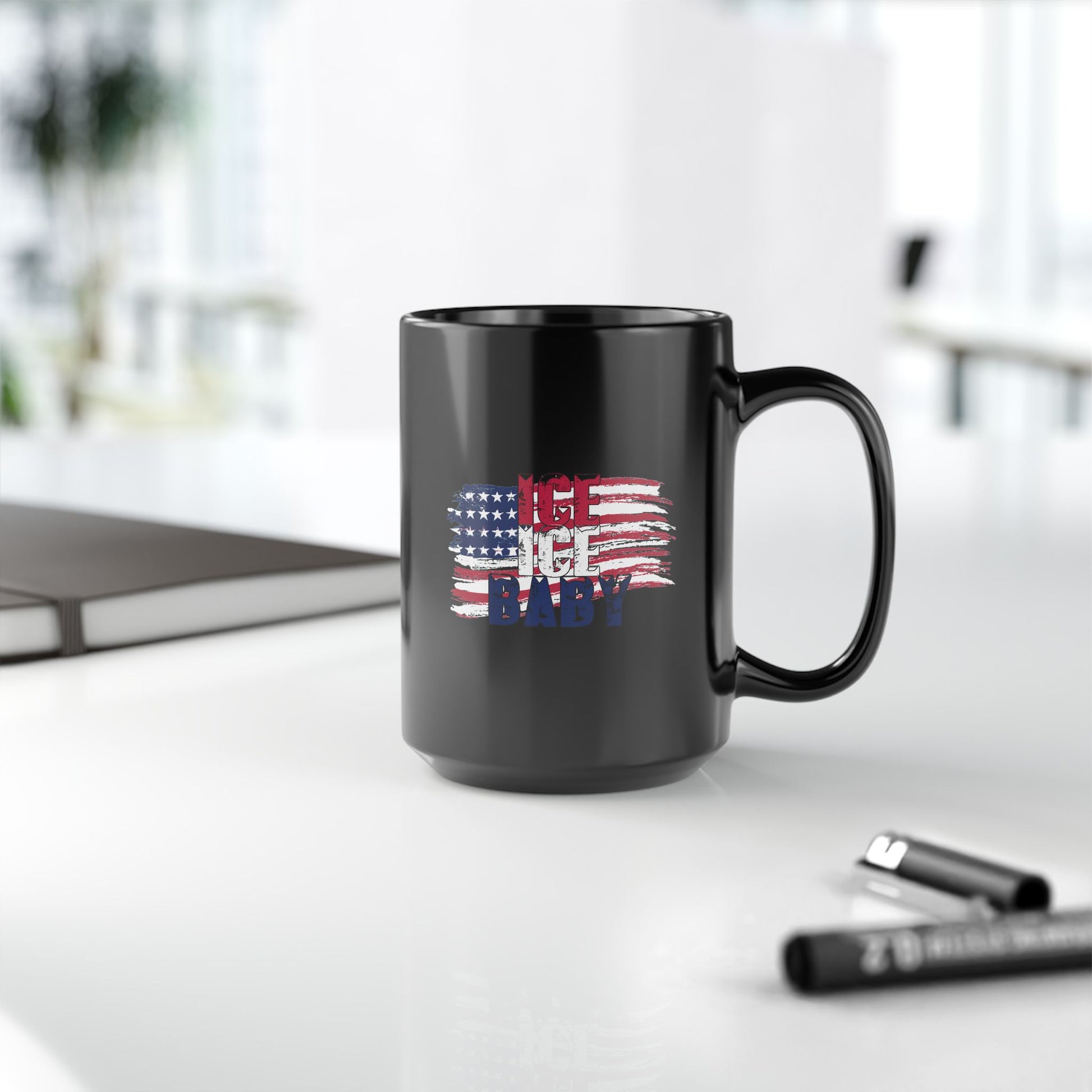 Patriotic Mug Black 15oz Ceramic, Ice Ice Baby American Flag, America First, Red White and Blue, USA - Secondhand Readers