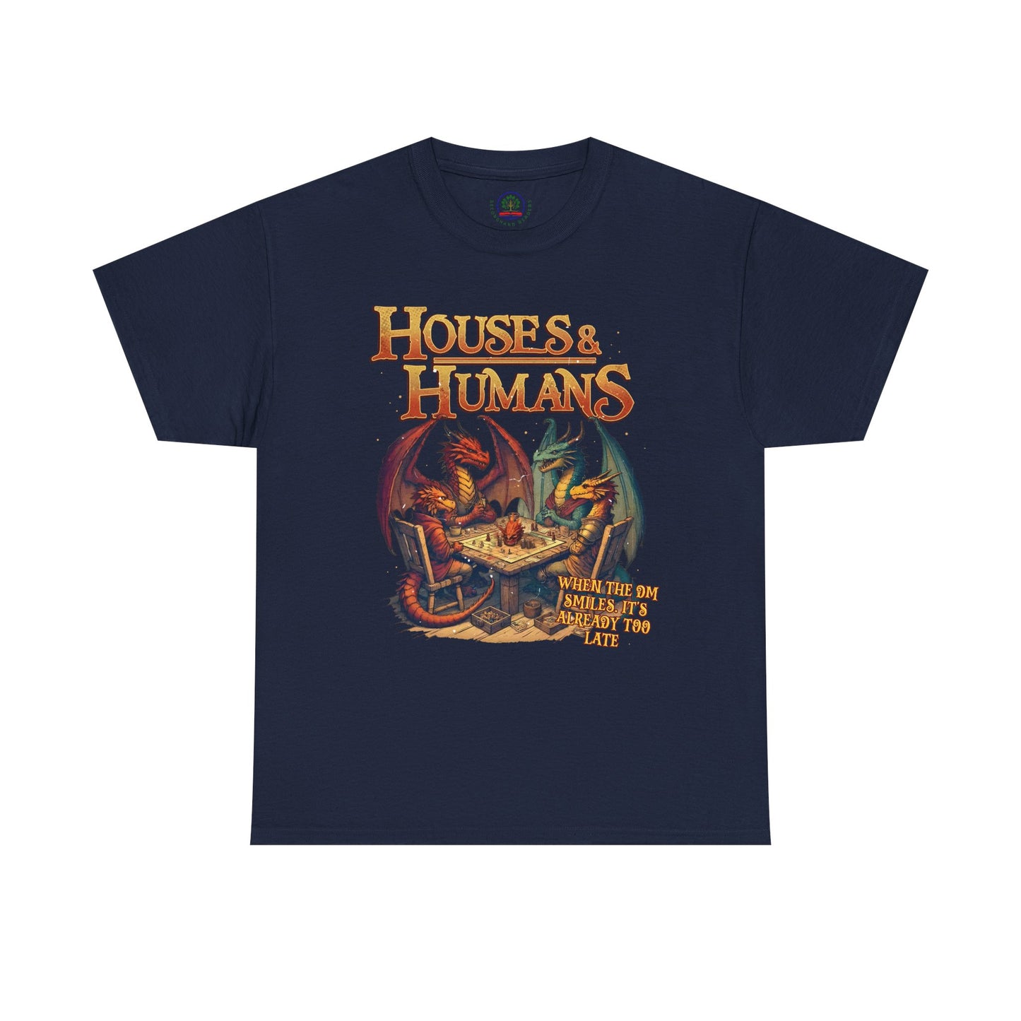 Houses and Humans Role-Playing T-Shirt featuring geek-themed design, perfect for RPG and TCG enthusiasts, casual wear.
