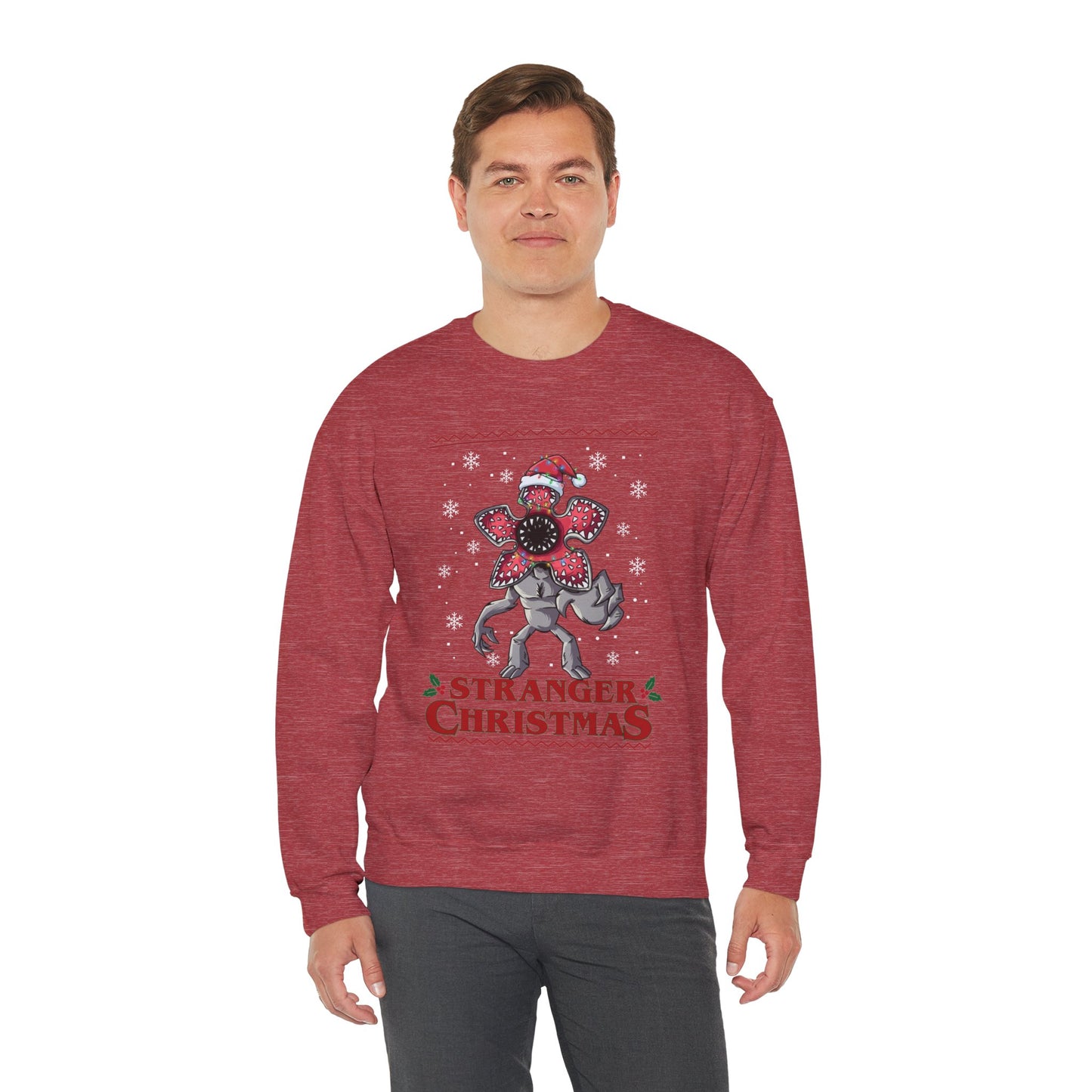 Stranger Christmas Crewneck Sweatshirt — Retro Holiday Stranger Things Demogorgon Design, Ugly Sweater