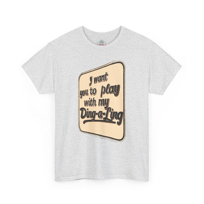 Retro graphic T-shirt by Printify featuring humorous Chuck Berry "I Want You to Play with My Ding-a-Ling" design on a novelty tee.
