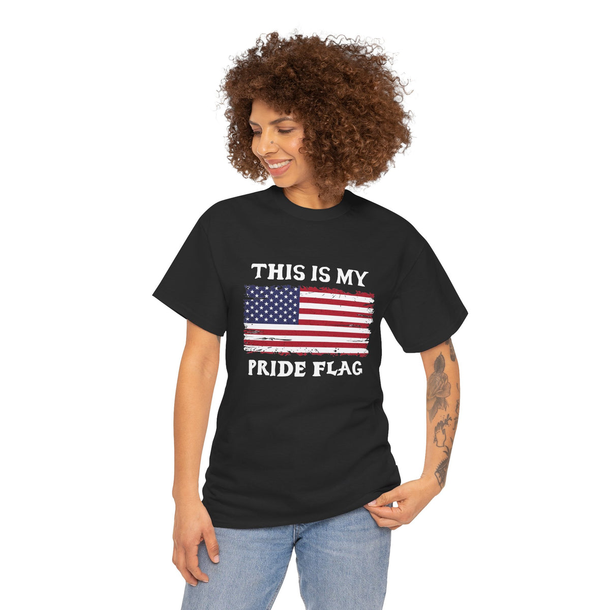 Unisex patriotic T-shirt with distressed American flag design and the phrase "This Is My Pride Flag" printed on front.